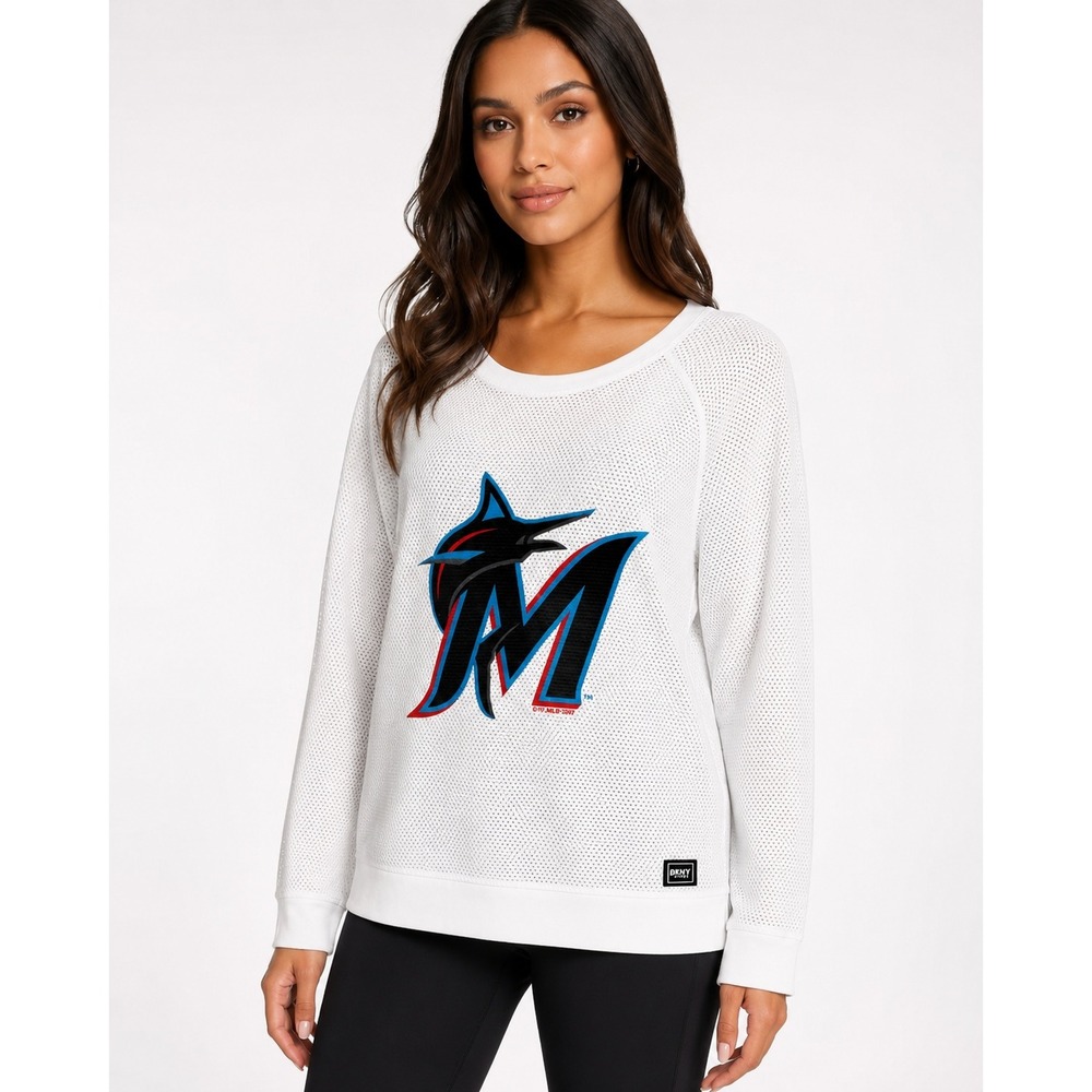 DKNY Sport MLB Miami Marlins White Mesh Sweatshirt Womens Large Logo Pullover